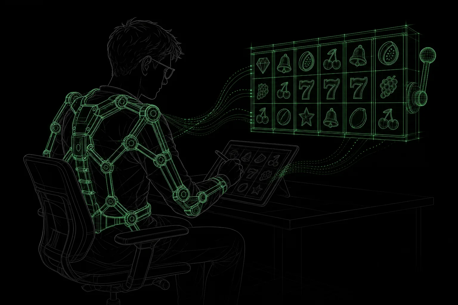 Line drawing of a game designer sketching on a tablet while wearing a glowing green wireframe exoskeleton, with signals flowing from it into a wireframe slot reel.